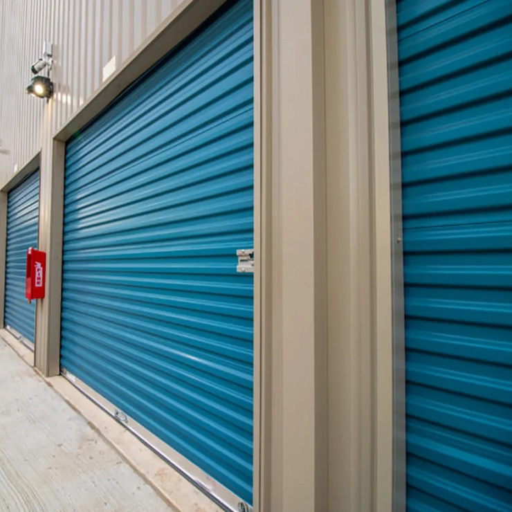 Blue manual shutter door
